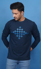 front view 2 with full digital print view men full sleeve sweatshirt cotton lycra french terry denim blue soft warm breathable true fabric true color