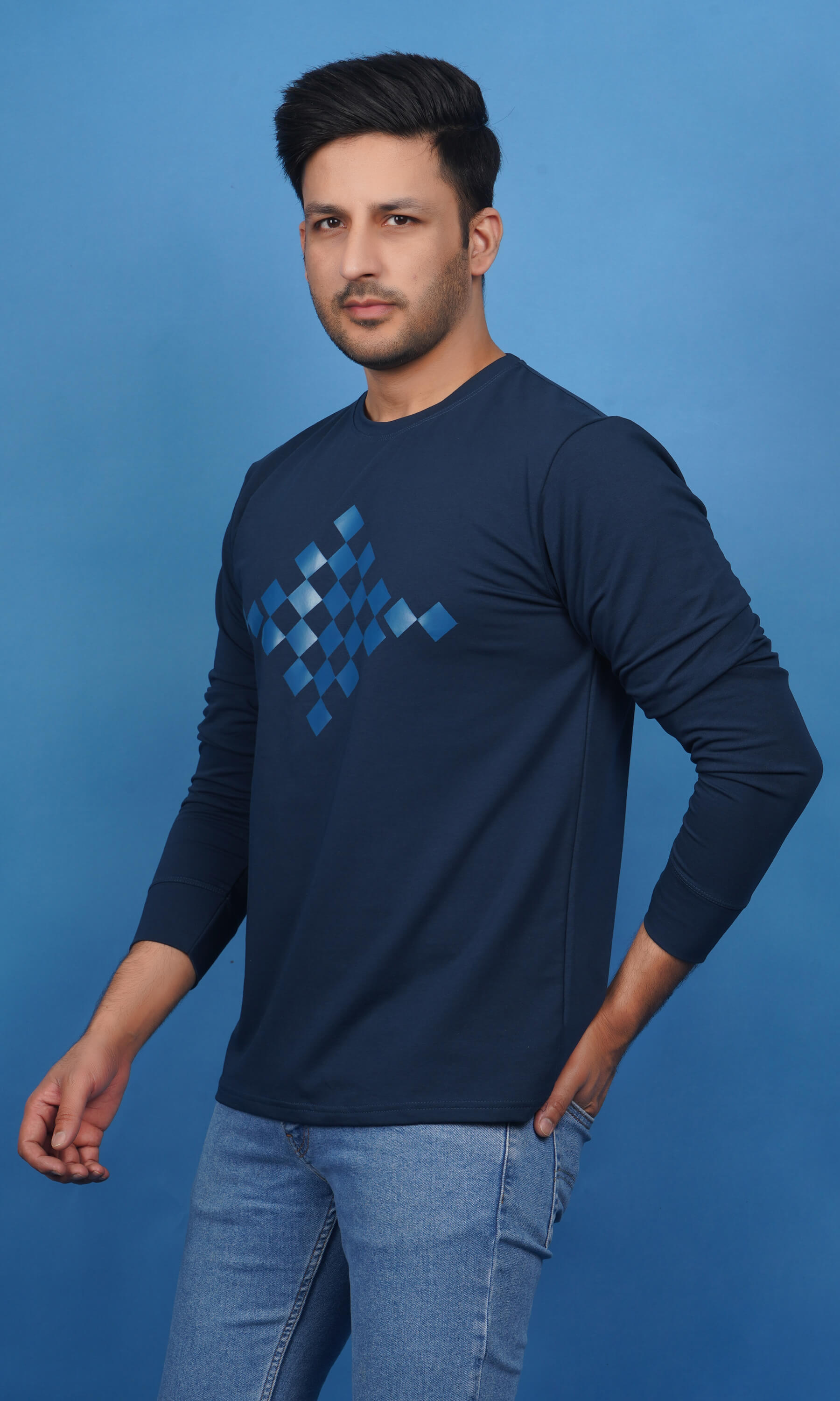 men cotton lycra french terry full sleeve sweatshirt denim blue side view accurate fit true size holds shape