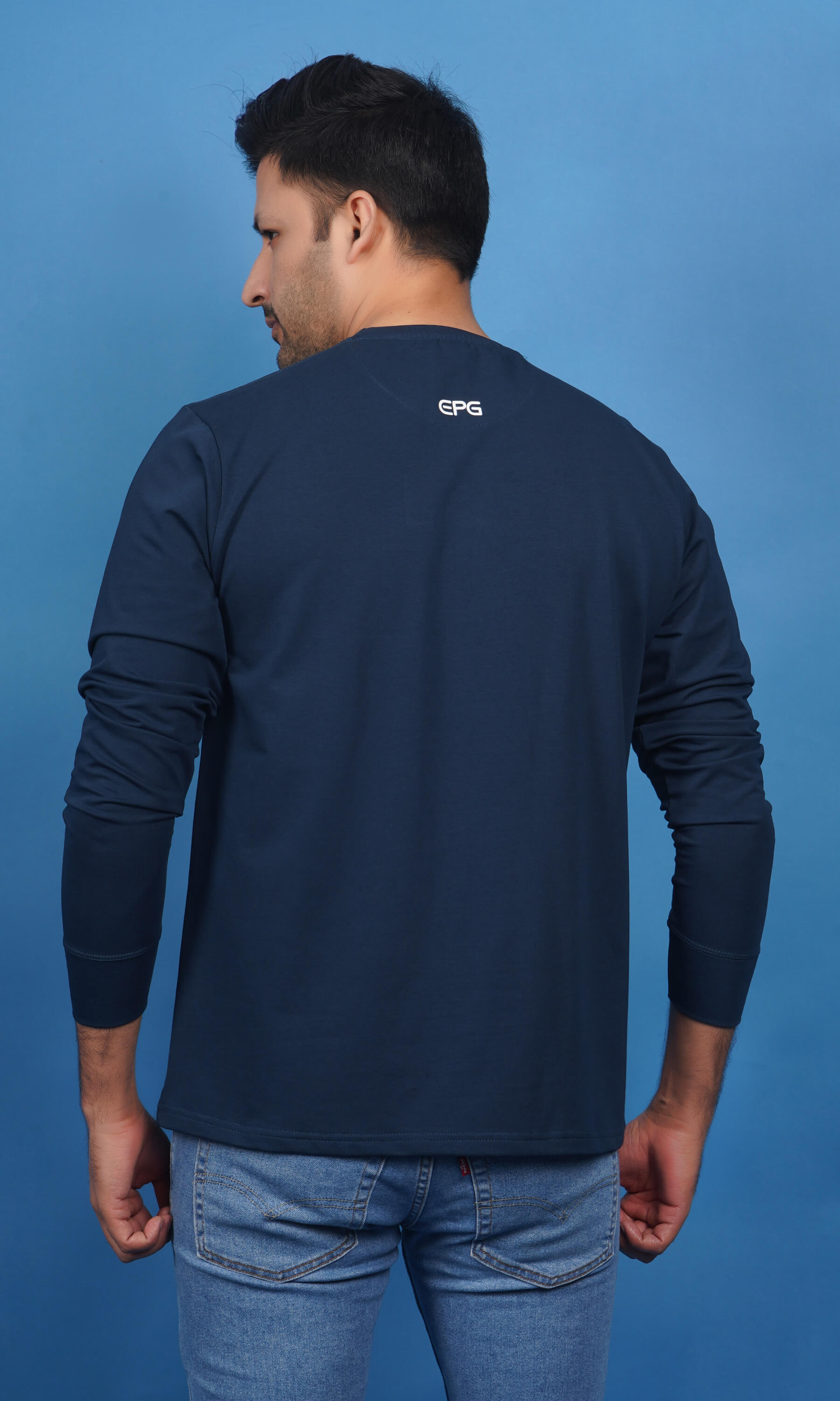 men denim blue cotton lycra french terry full sleeve sweatshirt back view true size durable fabric won’t deform