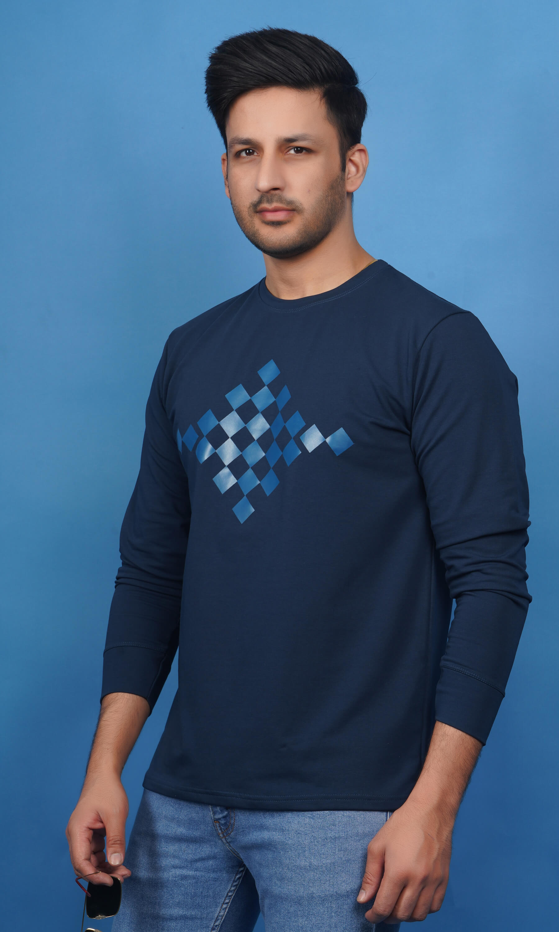 full sleeve cuff detail cotton lycra french terry sweatshirt denim blue soft stretch durable true fabric