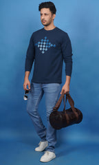 lifestyle full shot men wearing cotton lycra french terry full sleeve sweatshirt denim blue warm comfortable everyday wear premium comfort with EPG jeans