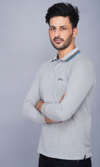 EPG Cotton Blend Full Sleeve Men's Polo (Collar )T Shirt - Grey Melange color