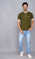 Half Sleeve Henley Pure Cotton Slub T Shirt for Men - Army Green