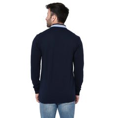 men navy blue pure cotton full sleeve polo t shirt back view true size durable fabric won’t deform