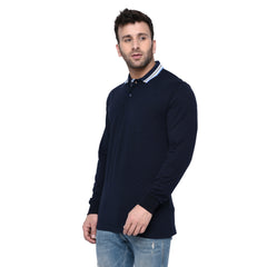 right side view men pure cotton full sleeve polo t shirt navy blue side view accurate fit true size