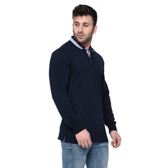 men pure cotton full sleeve polo t shirt navy blue side view accurate fit true size holds shape