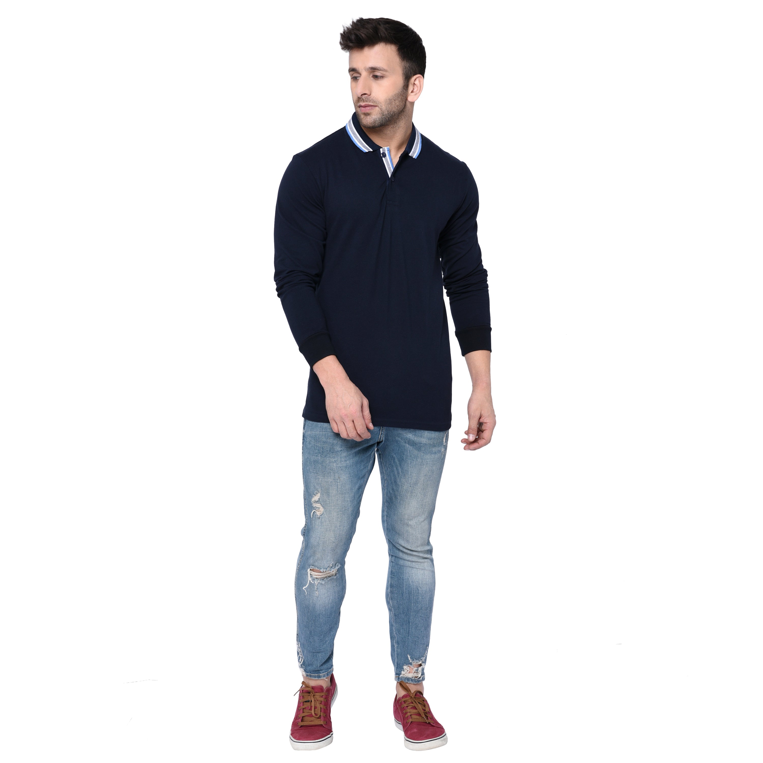men wearing pure cotton full sleeve polo t shirt navy blue breathable everyday wear premium comfort