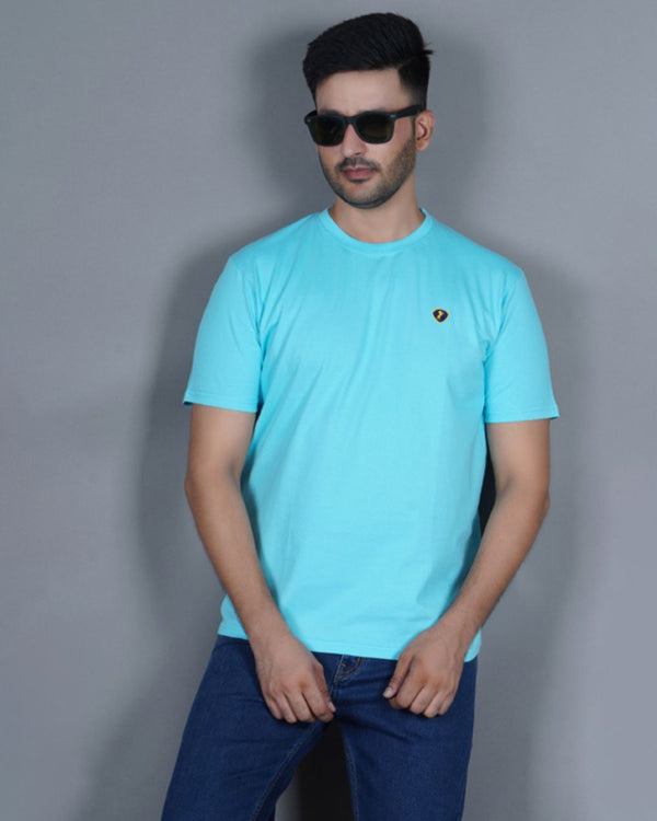 Men's Sky Blue  Crew Neck T-Shirt - Gold Finish Cotton | EPG