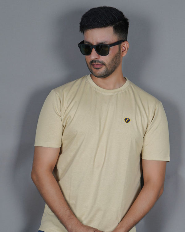 Men's Beige Crew Neck T-Shirt - Gold Finish Cotton | EPG