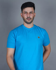 Men's Aqua Blue  Crew Neck T-Shirt - Gold Finish Cotton | EPG