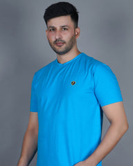 Men's Aqua Blue  Crew Neck T-Shirt - Gold Finish Cotton | EPG