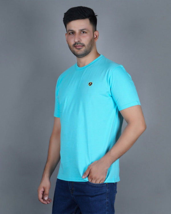 Men's Sky Blue  Crew Neck T-Shirt - Gold Finish Cotton | EPG