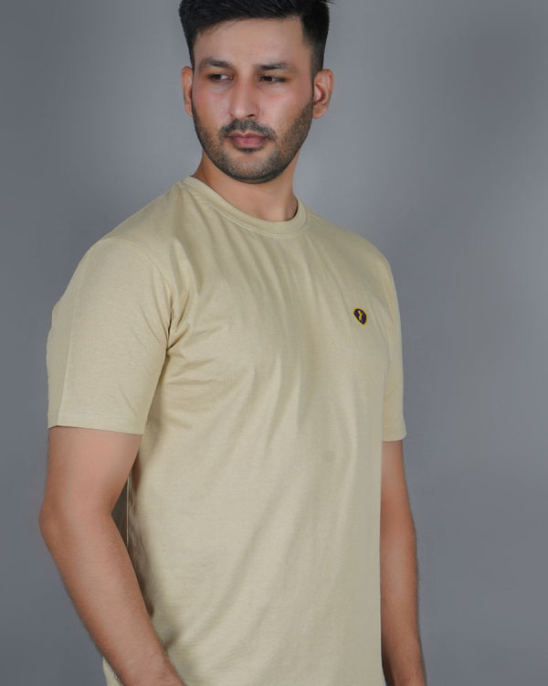 Men's Beige Crew Neck T-Shirt - Gold Finish Cotton | EPG