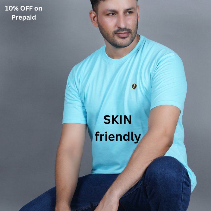 Sky Blue 100% Gold Finish Cotton Crew Neck Men's T-shirt