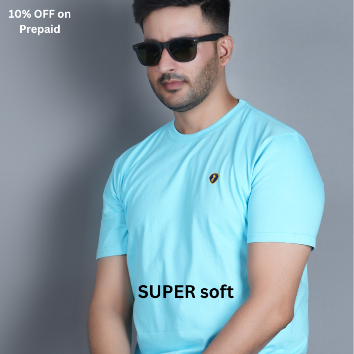 Sky Blue 100% Gold Finish Cotton Crew Neck Men's T-shirt