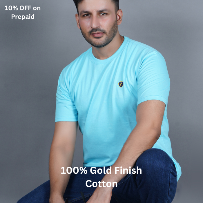 Sky Blue 100% Gold Finish Cotton Crew Neck Men's T-shirt