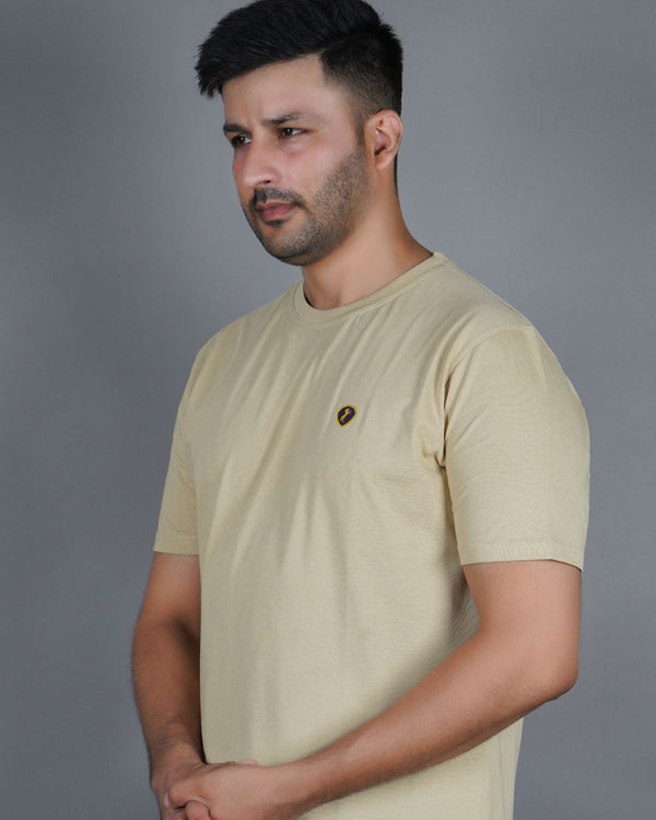 Men's Beige Crew Neck T-Shirt - Gold Finish Cotton | EPG