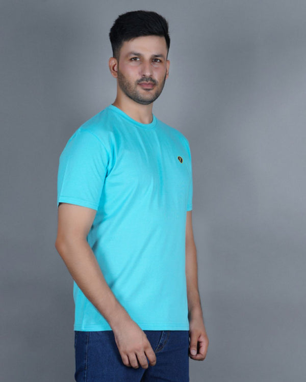 Men's Sky Blue  Crew Neck T-Shirt - Gold Finish Cotton | EPG
