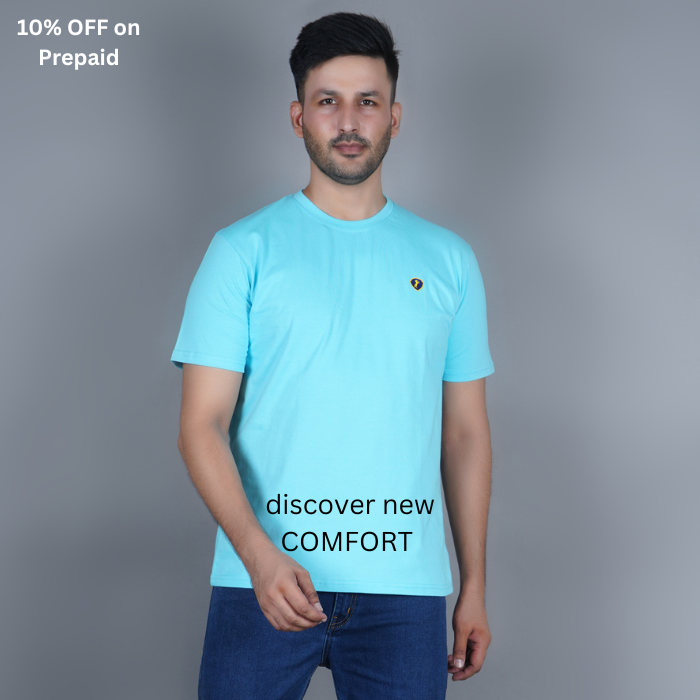 Sky Blue 100% Gold Finish Cotton Crew Neck Men's T-shirt