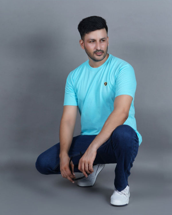 Men's Sky Blue  Crew Neck T-Shirt - Gold Finish Cotton | EPG