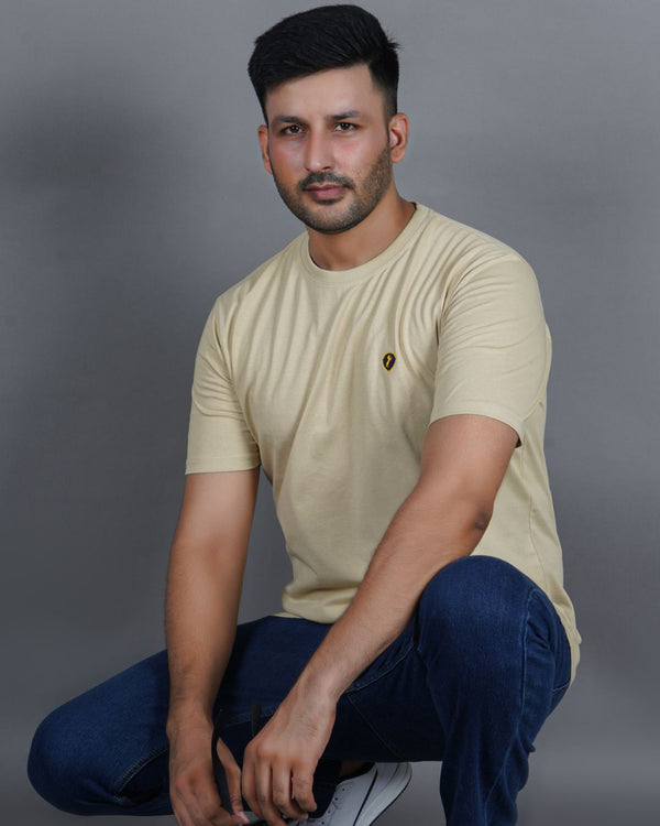 Men's Beige Crew Neck T-Shirt - Gold Finish Cotton | EPG