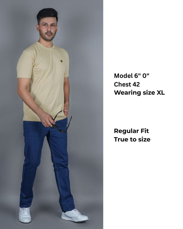 Men's Beige Crew Neck T-Shirt - Gold Finish Cotton | EPG