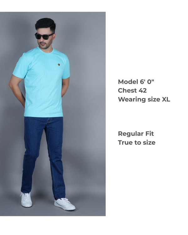 Men's Sky Blue  Crew Neck T-Shirt - Gold Finish Cotton | EPG