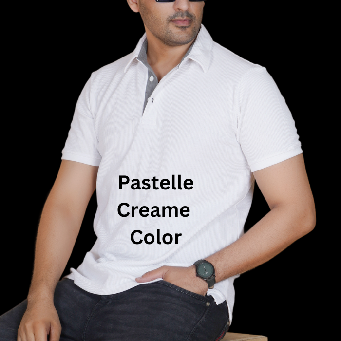 Pastel Creame Cotton Fabdot Structure Fabric  Men's Classic Collar Polo