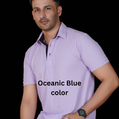 Ocean Blue  Cotton Fabdot Structure Fabric  Men's Classic Collar Polo