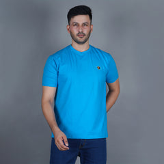 Aqua Blue Gold Finish Cotton Lycra Crew Neck Men's  T-shirt