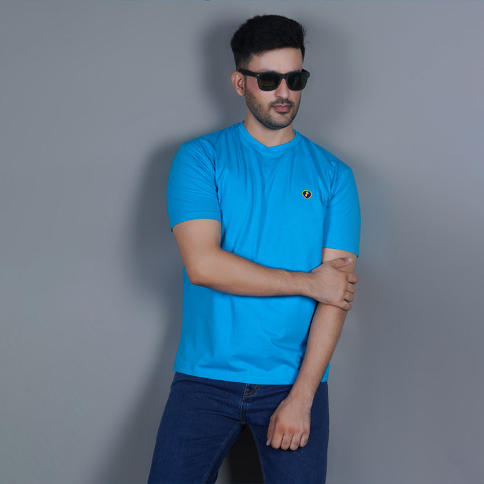 Aqua Blue Gold Finish Cotton Lycra Crew Neck Men's  T-shirt