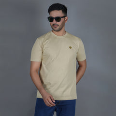 Beige 100% Gold Finish Cotton Crew Neck Men's T-shirt