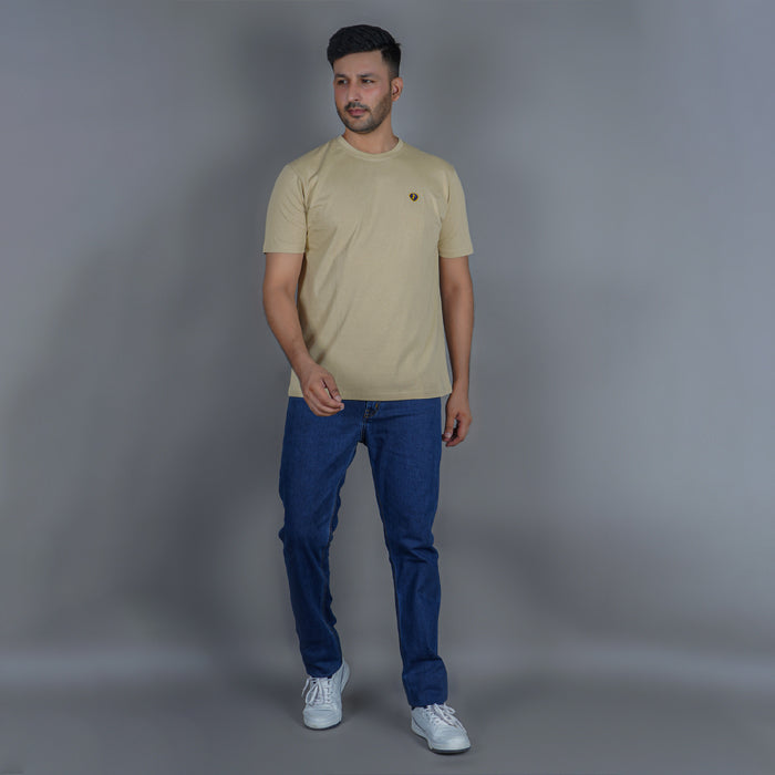 Beige 100% Gold Finish Cotton Crew Neck Men's T-shirt