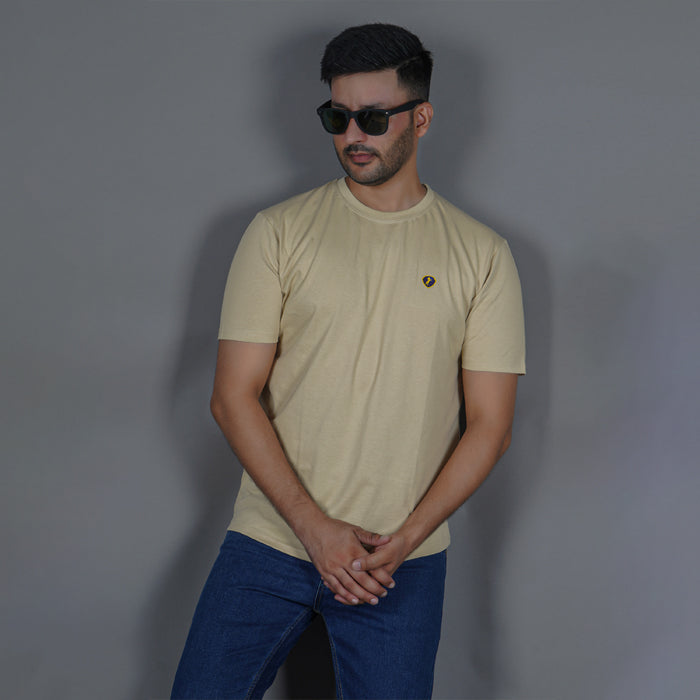 Beige 100% Gold Finish Cotton Crew Neck Men's T-shirt