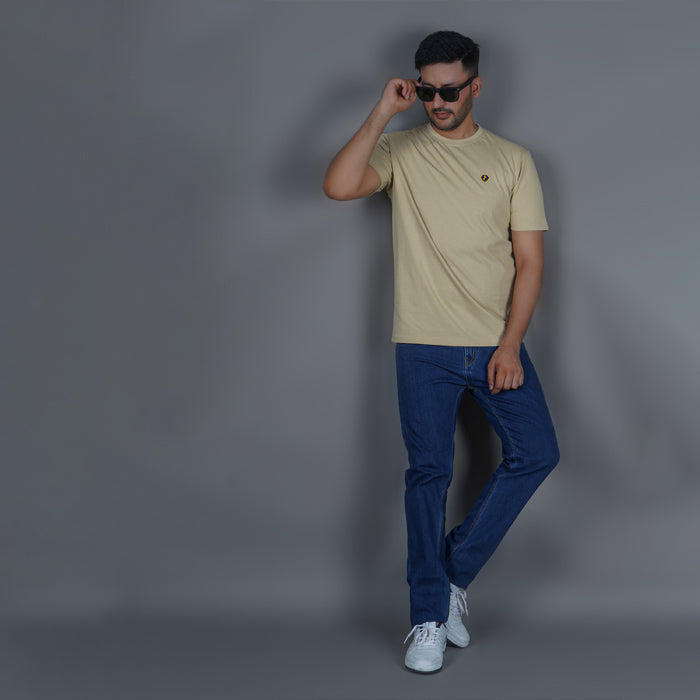 Beige 100% Gold Finish Cotton Crew Neck Men's T-shirt