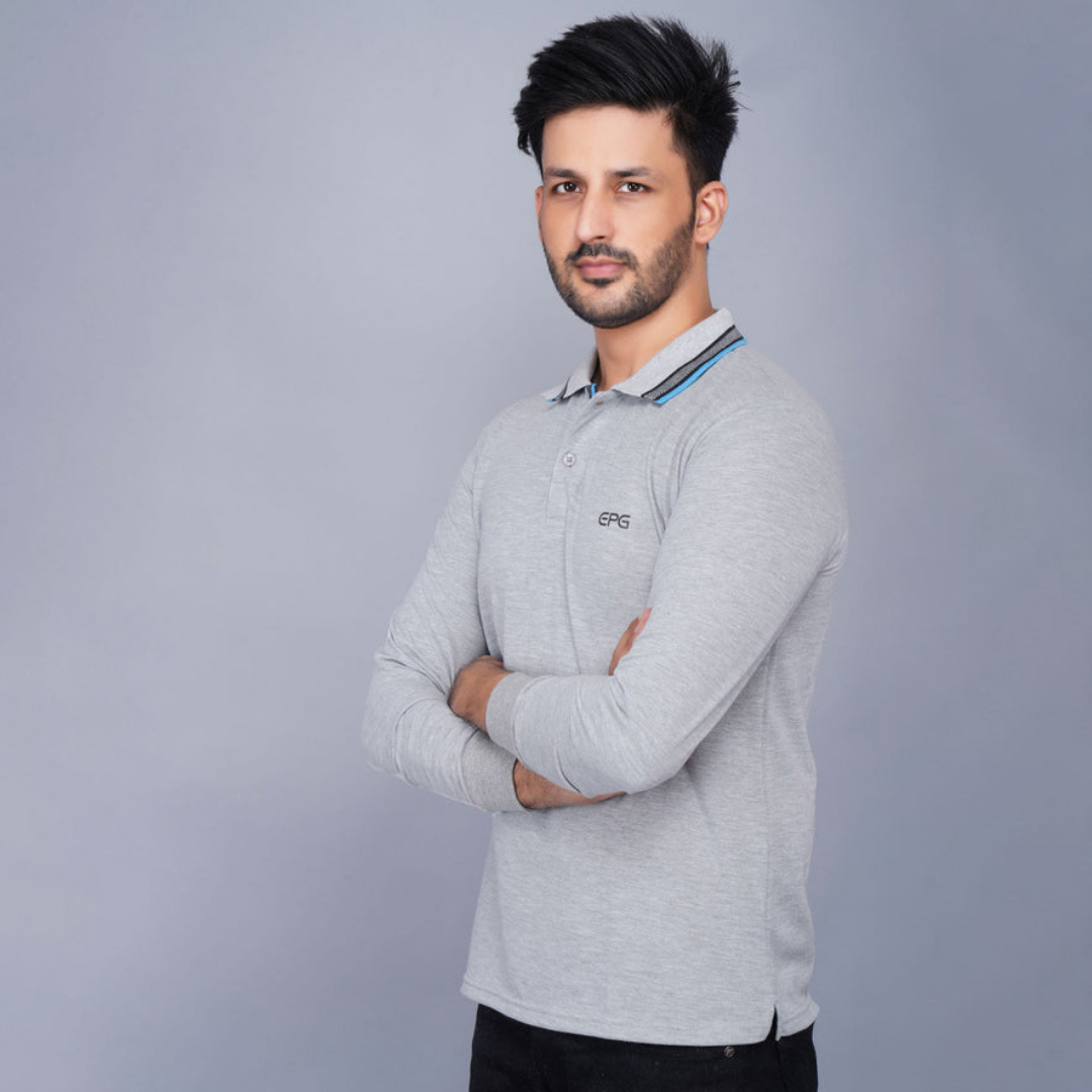 EPG Cotton Blend Full Sleeve Men's Polo (Collar )T Shirt -  Grey Melange color