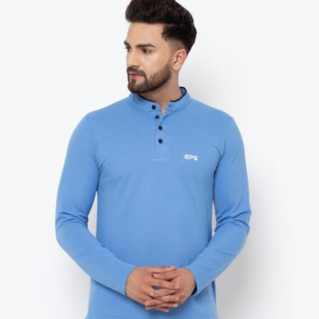 EPG Pure Cotton Full sleeves men's Mandarin collar T-shirt   - Sky  Blue  color