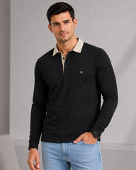 EPG Men's Cotton Lycra Full Sleeve Polo T Shirt - Black