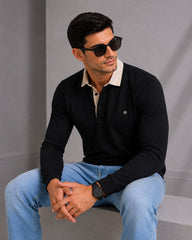 EPG Men's Cotton Lycra Full Sleeve Polo T Shirt - Black