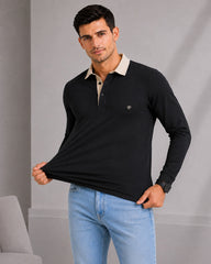 EPG Men's Cotton Lycra Full Sleeve Polo T Shirt - Black
