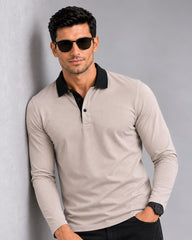 EPG Men's Cotton Lycra Full Sleeve Polo T Shirt - Grey