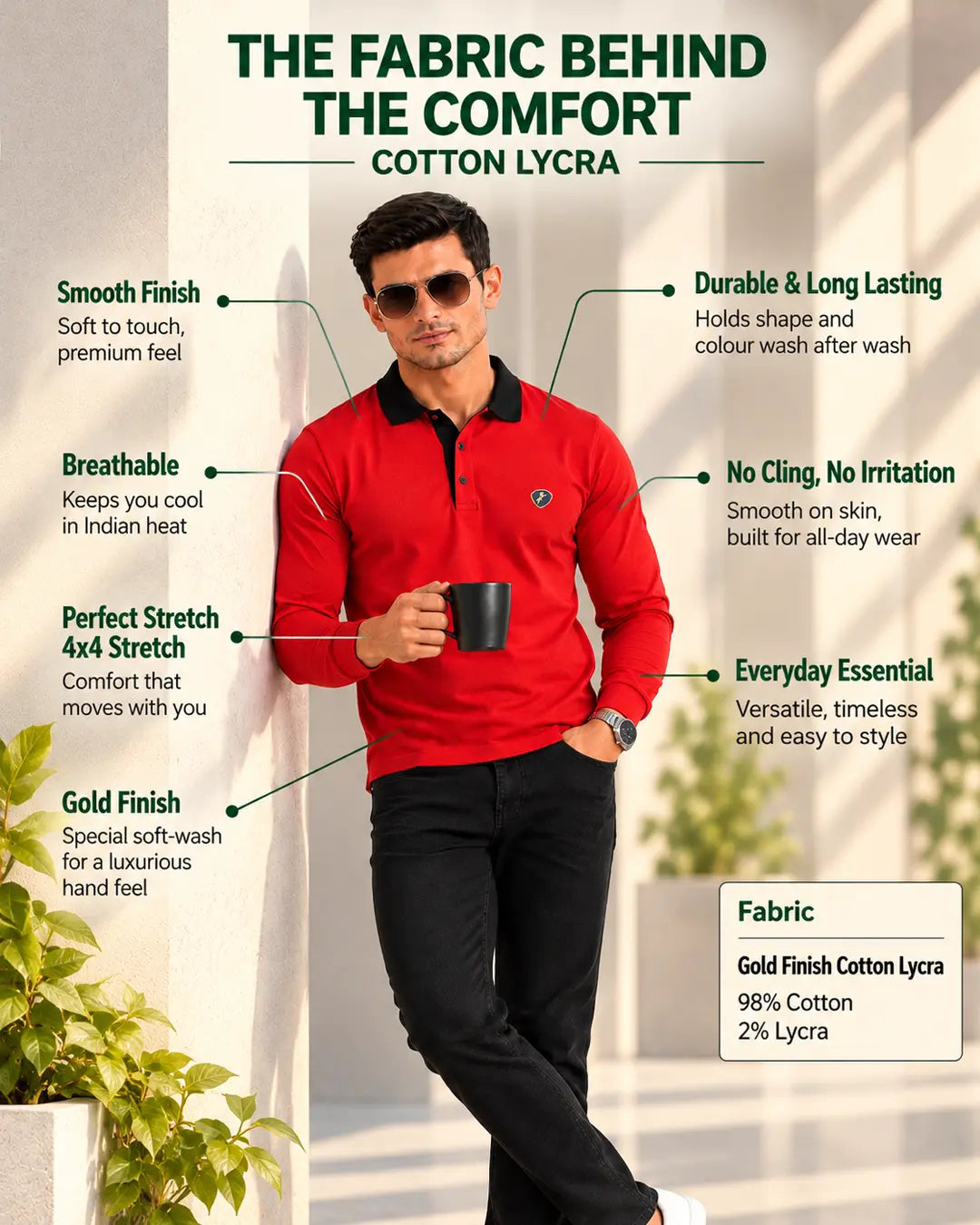 Ruby Red Full Sleeve Men's Polo - Fabric Details