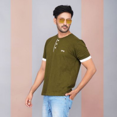 Half Sleeve Henley Pure Cotton Slub T Shirt for Men  - Army Green