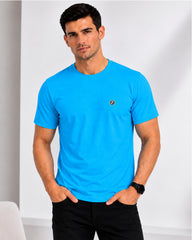 Men's Aqua Blue  Crew Neck T-Shirt - Gold Finish Cotton | EPG