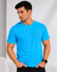 Men's Aqua Blue  Crew Neck T-Shirt - Gold Finish Cotton | EPG
