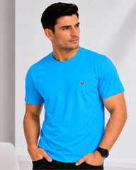 Men's Aqua Blue  Crew Neck T-Shirt - Gold Finish Cotton | EPG