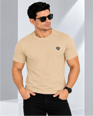 Men's Beige Crew Neck T-Shirt - Gold Finish Cotton | EPG