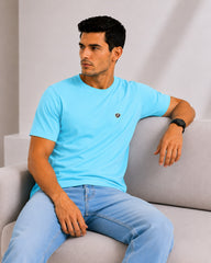 Men's Sky Blue  Crew Neck T-Shirt - Gold Finish Cotton | EPG
