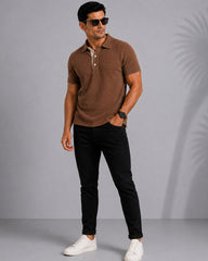 Coffee Latte Cotton Fabdot Structure Fabric  Men's Classic Collar Polo