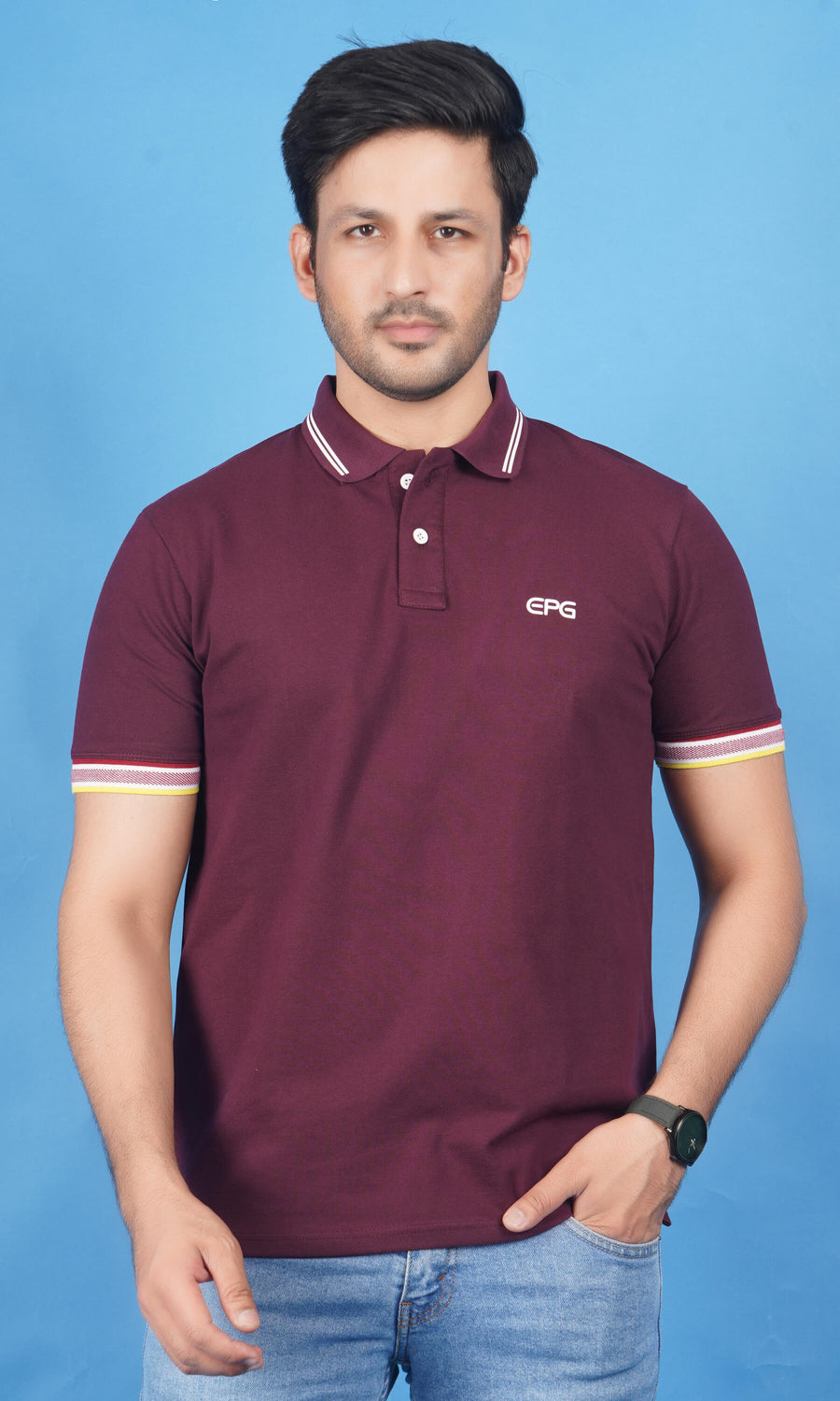 men half sleeve cotton lycra polo t shirt wine deep maroon color soft breathable true fabric true color classic collar no shrink no deform 